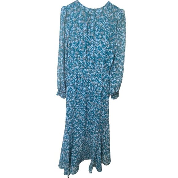 1.STATE Ruffle Dress Medium Long Sleeve Midi Green Floral Cottagecore Hi Lo - Picture 5 of 10